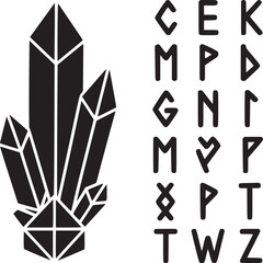Black and white image of crystal cluster and runic alphabet symbols in a minimalist design style