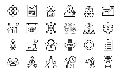 Business and marketing icon set depicting strategic planning and development
