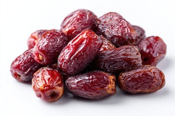 A small pile of dark reddish-brown dates, plump and glistening, rests on a stark white background.  The dates appear sweet and slightly wrinkled from drying