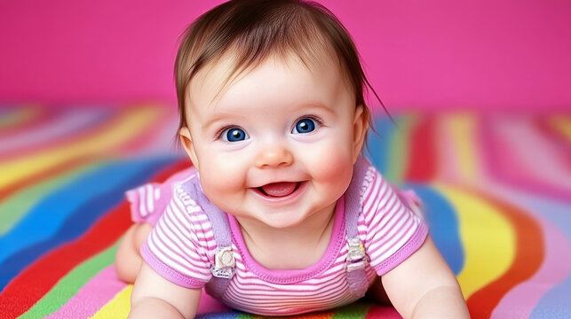 Adorable happy smiling baby close up of face peeking on a rainbow blanket towel looks at camera isolated on pink background copy space, child care, healthy infant healthcare tummy time ob/gyn