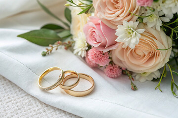 Wedding rings and floral bouquet on a white linen cloth creating a romantic scene