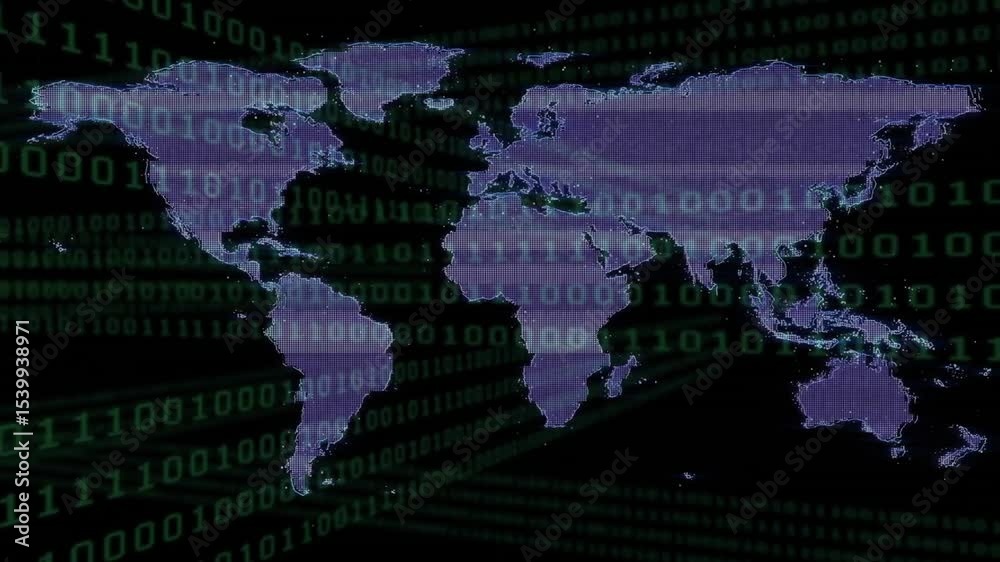 Aufkleber on start initiating code flowing behind map silhouette, dissolving into grid showing data network