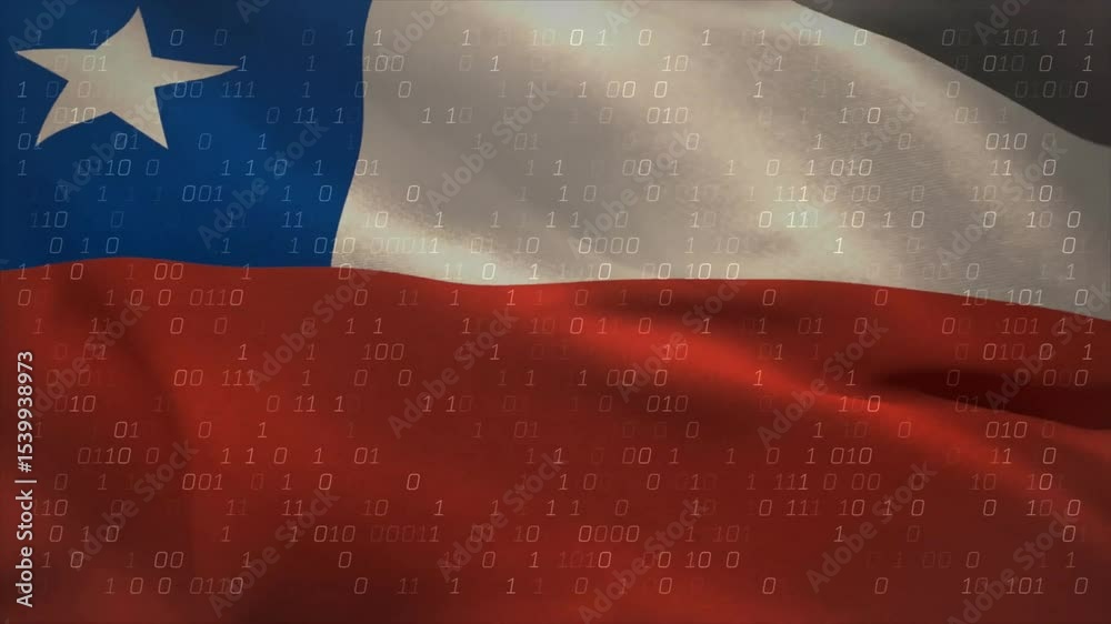Poster chilean flag fluttering in dark void, binary digits appearing and cascading showing digital data