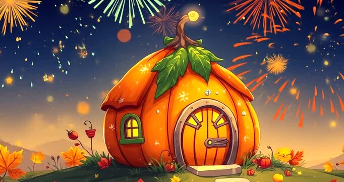 Tiny cartoon pumpkin hut with harvest sparkles and autumn-colored fireworks