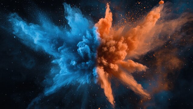 Exploding vibrant blue and orange powder on a dark background - Powered by Adobe