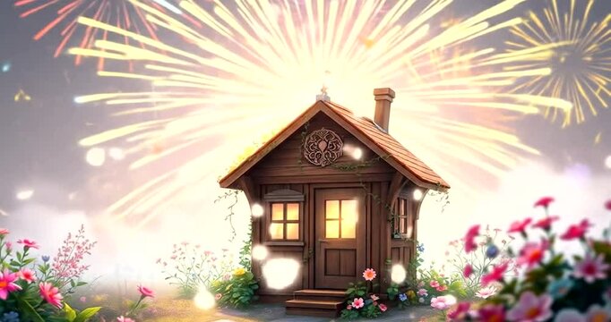 Tiny garden hut with petal particles and pastel-colored fireworks