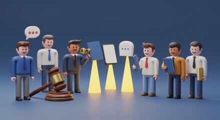 Digital Justice: 3D Render of Businesspeople and Legal Concepts in a Modern Setting