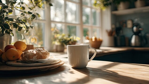 Sunlit kitchen counter with mug, bread, fruit, and plants near a window