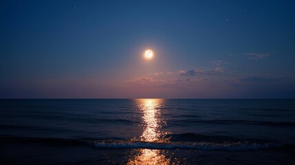 Moonlit ocean view with shimmering water and starry night sky over the sea at dusk