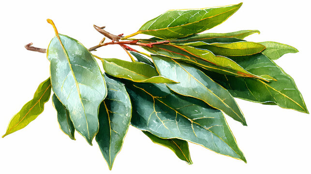 Watercolor Illustration of Indian Bay Leaf Tea &ndash; Herbal Infusion with Aromatic Leaves on White Background