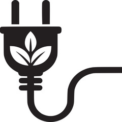 Black and white graphic of an electrical plug with leaves symbolizing green energy and sustainability