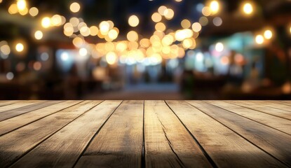 Rustic wooden table top in front of blurred night market bokeh lights