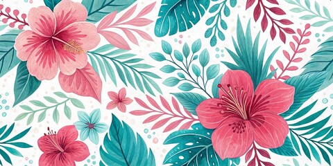 Tropical floral pattern with hibiscus and palms in a watercolor style on a white background with copy space
