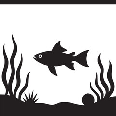 A black silhouette of a fish swimming in an aquarium with seaweed and a dark bottom on a white background