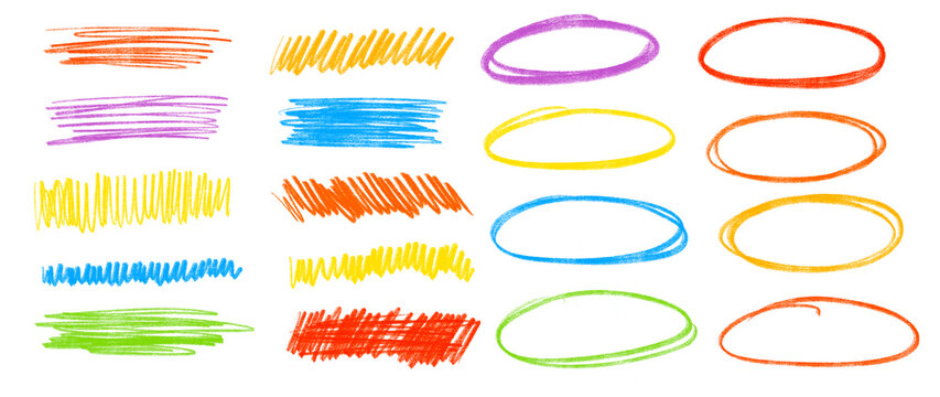 Colorful scribble strokes and highlight circles set on transparent background. Perfect for underlines, notes, or design accents
