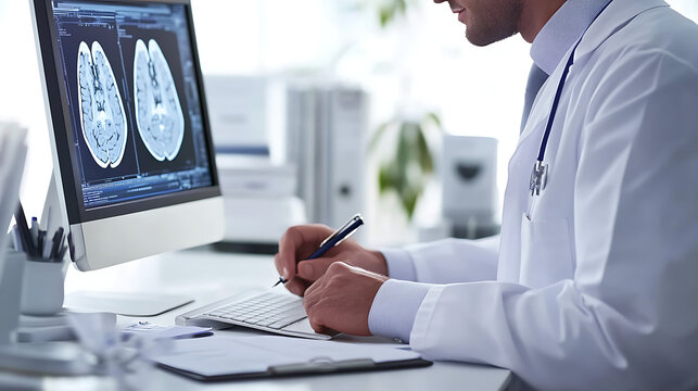 Businesswoman doctor in a modern office examining an X-ray on a monitor