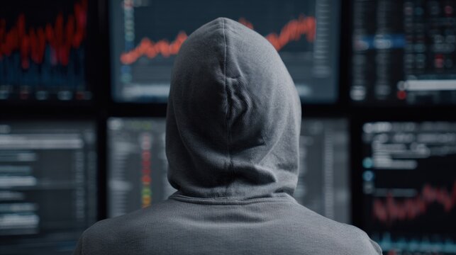 Individual in Hoodie Analyzes Data Trends Behind Multiple Screens Displaying Betting Statistics in a High-Tech Environment