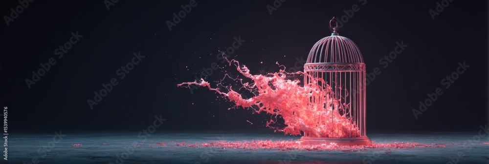 Fototapete red burst of energy escapes from a symbolic cage creating an explosive display of color and motion