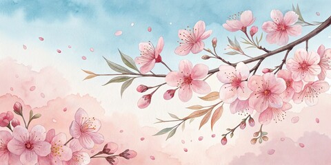 Delicate cherry blossom branch in a watercolor style on a soft pastel background, serene and beautiful
