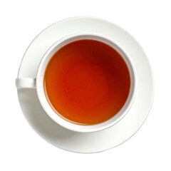 A cup of steaming black tea on white saucer.