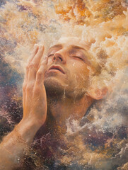 Closeup of person reaching nirvana face head in the clouds religious ecstasy meditation power of prayer faith awakening spiritual experience baptism inner peace enlightenment light of God clouds mist