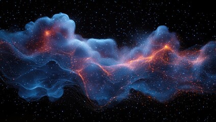 Abstract nebula-like swirls of blue and orange, dotted with glittering particles against a black starry background