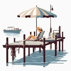 image of a woman sunbathing on a pier with a simple and minimalist flat design using a white background