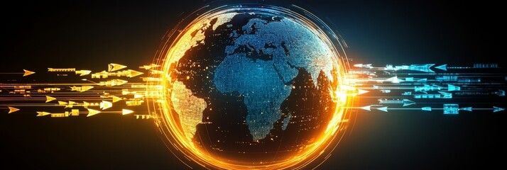 Vibrant Abstract Artwork Featuring Colorful Light Trails and Dynamic Arrows on Dark Background