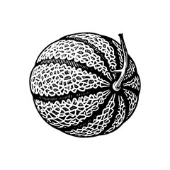 Detailed monochrome illustration of a cantaloupe melon with stem.