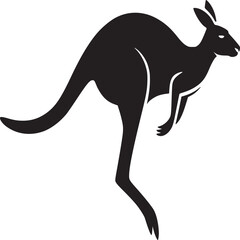 A black silhouette of a kangaroo in mid hop with a white background and visible tail and ears