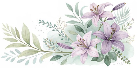 Elegant lily floral arrangement with soft leaves in a watercolor style on a white background with copy space
