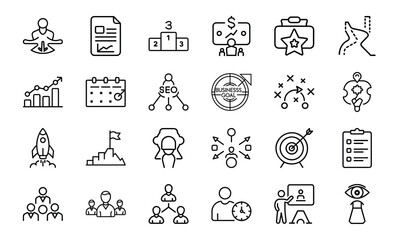 A collection of business and strategy icons in a clean outline style