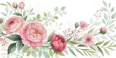 Delicate floral arrangement with peonies and soft leaves in a watercolor style on a white background with copy space
