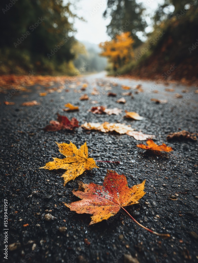 Poster pathway of fallen leaves highlights seasonal transition from summer to autumn in a tranquil natural 