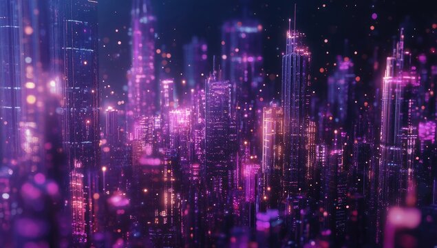 Futuristic city skyline with vibrant purple and pink neon lights