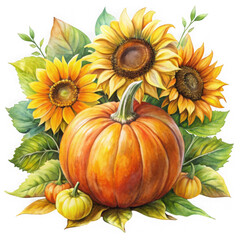 Pumpkin and sunflowers arrangement isolated on transparent background