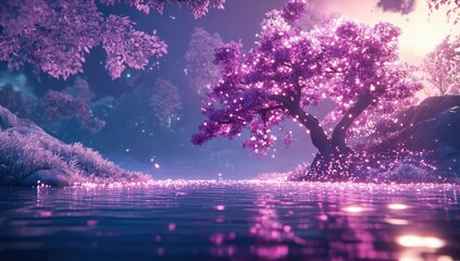 Magical, pink blossom tree by a glistening lake at dusk