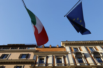 Italian and European flags side by side in Rome, Italy