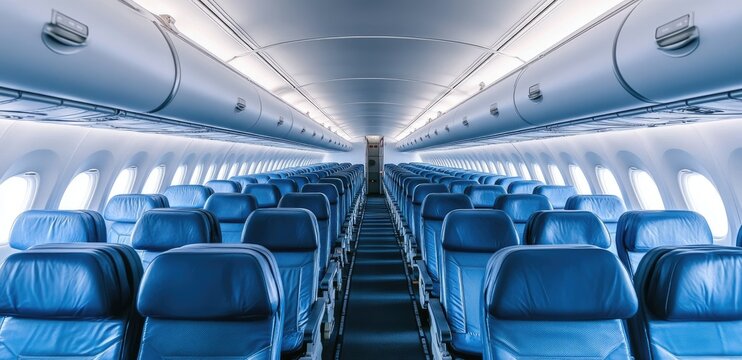 Empty airplane cabin with blue seats (1)
