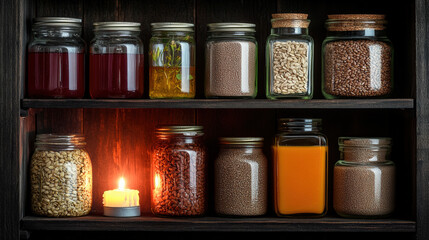 Introspective Still Life of Natural Sleep Aid Ingredients in a Rustic Night Pantry