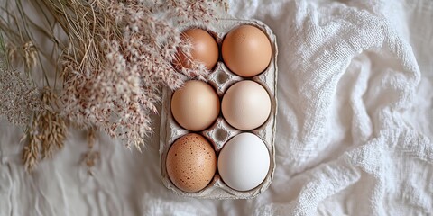 Farm to table A rustic arrangement of eggs in a wire basket, surrounded by dried flowers on a textured white fabric.
