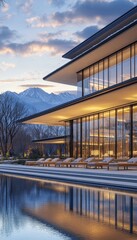 Obraz premium Stunning modern building featuring an elegant pool with mountain views in the evening blue light.