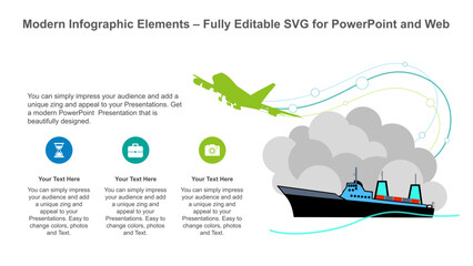 Transport Infographic PowerPoint Slide – Airplane and Ship Themed Template. Fully editable vector SVG file compatible with PowerPoint, Illustrator, and most vector-based applications. © RANA