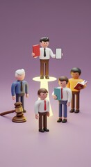 3D Render of Businesspeople Gathered Around a Central Figure  Holding Books and a Smartphone.  Legal Concepts and Digital Technology