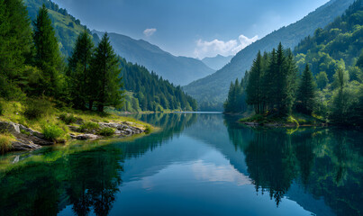 Fototapeta premium mountain lake reflection. generative ai