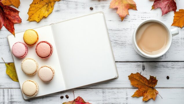 Autumnal treats, open notebook, and coffee.  Colorful macarons, coffee cup, and fall leaves on a white wooden table