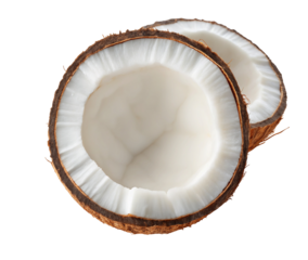 Fresh coconut halves close up isolated on white background healthy tropical fruit food ingredient 100 characters