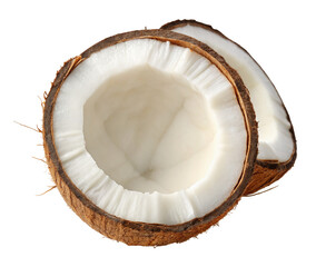Fresh coconut halves on white background for healthy eating and tropical fruit ingredient recipes ideas