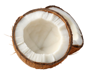 Fresh coconut halves on white background for healthy eating and tropical fruit ingredient recipes ideas