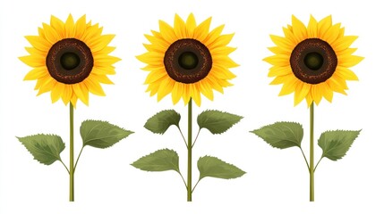 Obraz premium Three yellow sunflowers with brown centers and green leaves on a white background